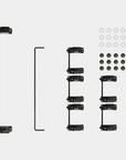 A spread of opaque nylon Staebies v2. There is one 7 unit wire, one 6.25 unit wire, five 2 unit wires, 12 screws, 12 washers, and 12 housing + stem pairs.