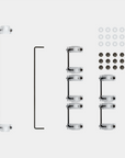 A spread of clear polycarbonate Staebies v2. There is one 7 unit wire, one 6.25 unit wire, five 2 unit wires, 12 screws, 12 washers, and 12 housing + stem pairs.